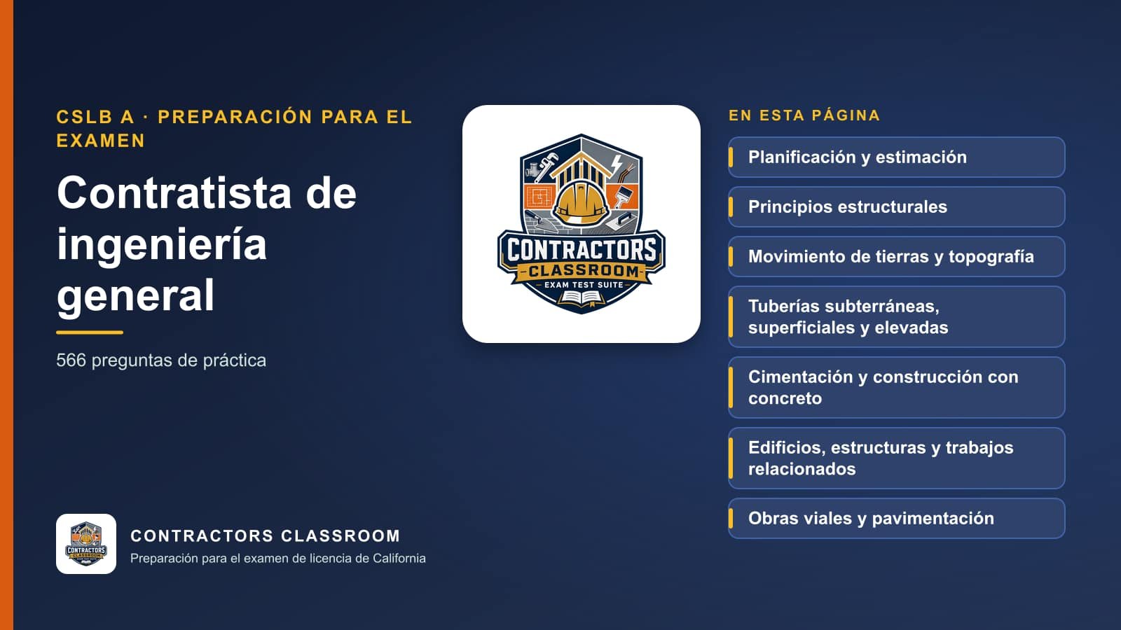 Logotipo de Contractors Classroom con las categorías de práctica de contratista de ingeniería general: Planning and Estimating, Earthwork and Grading, Paving and Surfacing y Underground Utilities and Structures