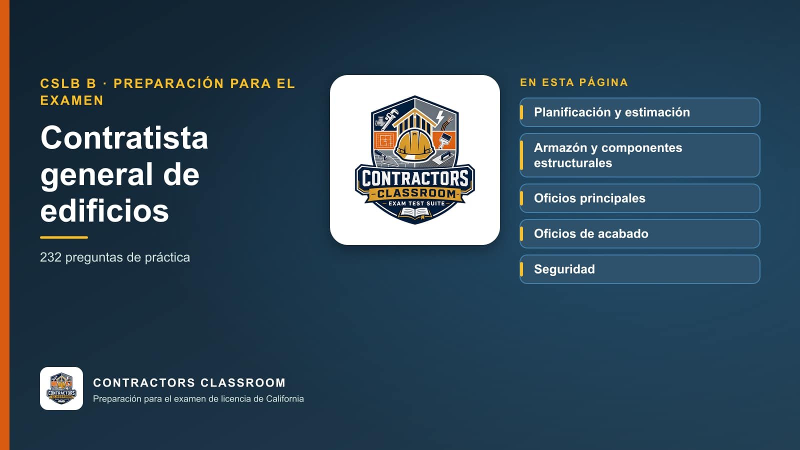 Logotipo de Contractors Classroom con las categorías de práctica de contratista general de edificios: Planning and Estimating, Framing and Structural Components, Core Trades (MEP & Thermal-Moisture) y Finish Trades