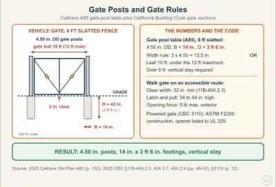 Lesson diagram: Gates: Gate Posts, Width Limits, and California Building Code Gate Rules