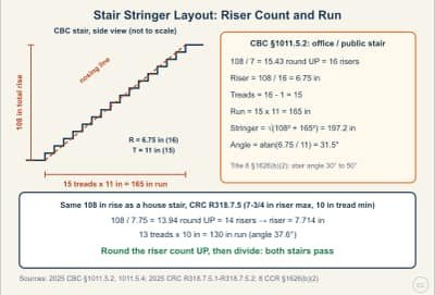 Lesson diagram: Stair Stringer Layout: Riser Count, Tread Run, and Uniformity
