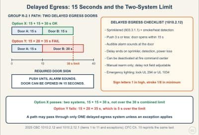 Lesson diagram: Delayed Egress Locks: The 15-Second Rule, the Sign, and the Path Limit