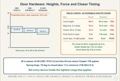 Lesson diagram: Door Hardware Height, Opening Force and Closer Timing
