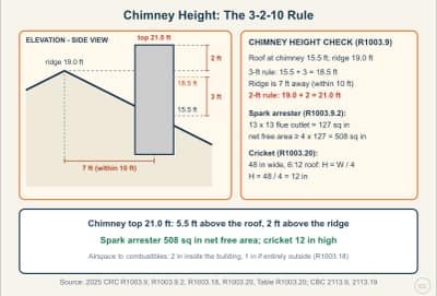 Lesson diagram: Chimney Height, Cricket, Spark Arrester and Clearances