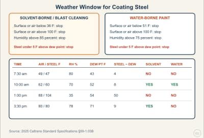 Lesson diagram: Weather Window: When You May Coat Steel (Caltrans §59-1.03B)
