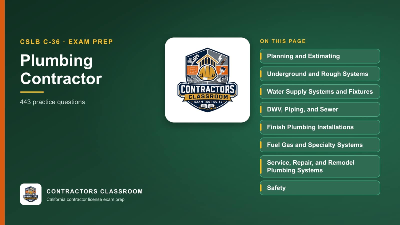 Contractors Classroom logo with the plumbing contractor practice categories: Planning and Estimating, Underground and Rough Systems, Water Supply Systems and Fixtures and DWV, Piping, and Sewer