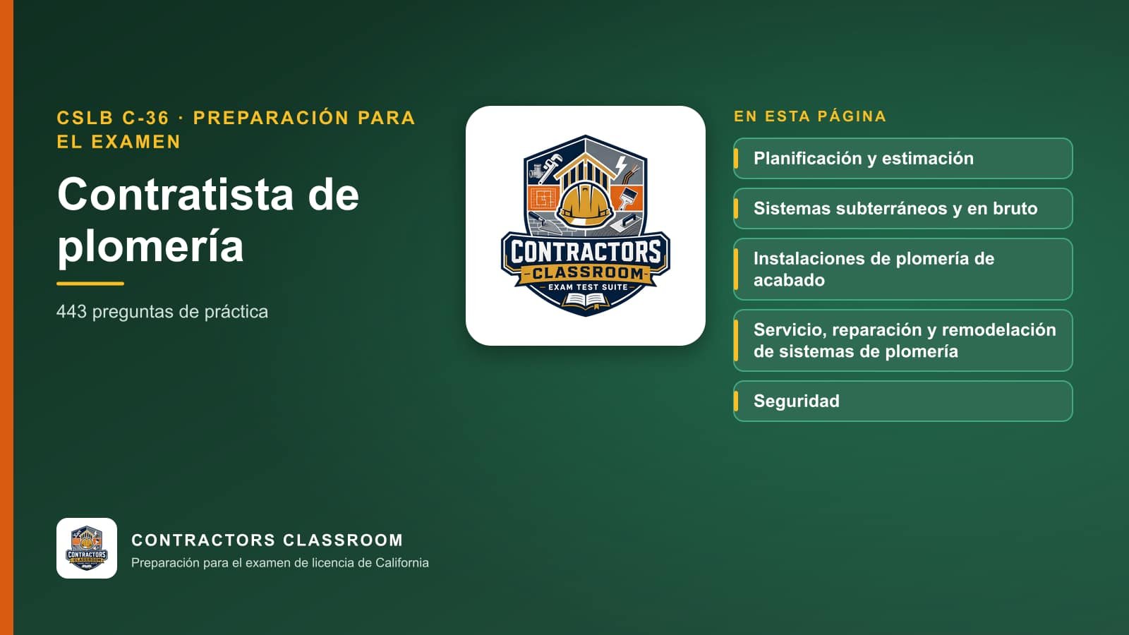 Logotipo de Contractors Classroom con las categorías de práctica de contratista de plomería: Planning and Estimating, Underground and Rough Systems, Water Supply Systems and Fixtures y DWV, Piping, and Sewer