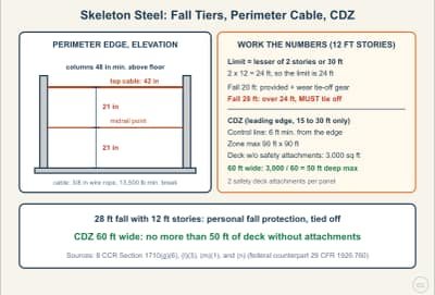 Lesson diagram: Fall Protection on Skeleton Steel: Connector Heights, Perimeter Cable, and the CDZ