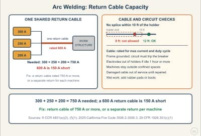 Lesson diagram: Arc Welding Circuit: Return Cable Capacity, Splices, and Shutdown