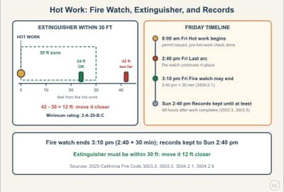 Lesson diagram: Hot Work: Permit, Fire Watch Timing, and the Extinguisher Rule