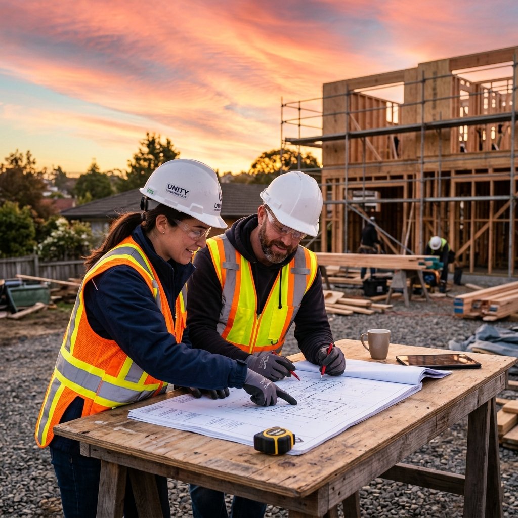 Contractors reviewing construction plans at an active jobsite