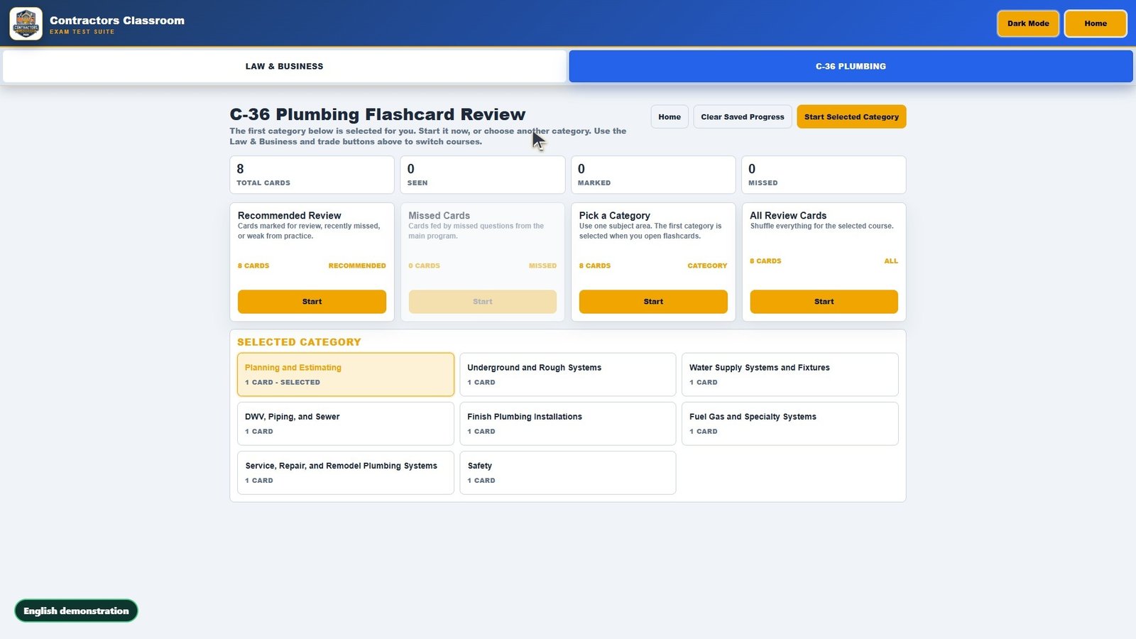 Flashcards demo video for General Engineering Contractor exam prep